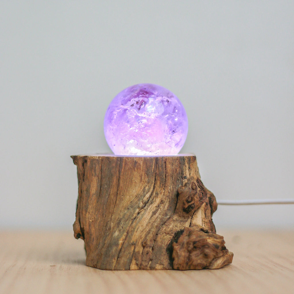 LED Crystal Ball Base, Natural Wood USB Holder