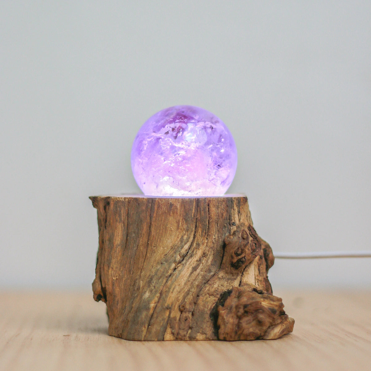 LED Crystal Ball Base, Natural Wood USB Holder