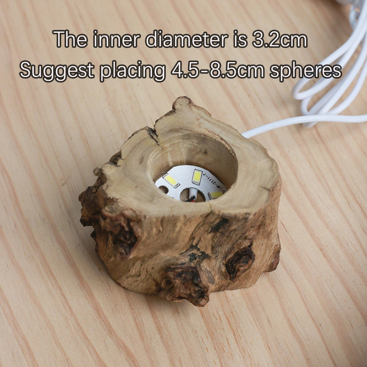 LED Crystal Ball Base, Natural Wood USB Holder