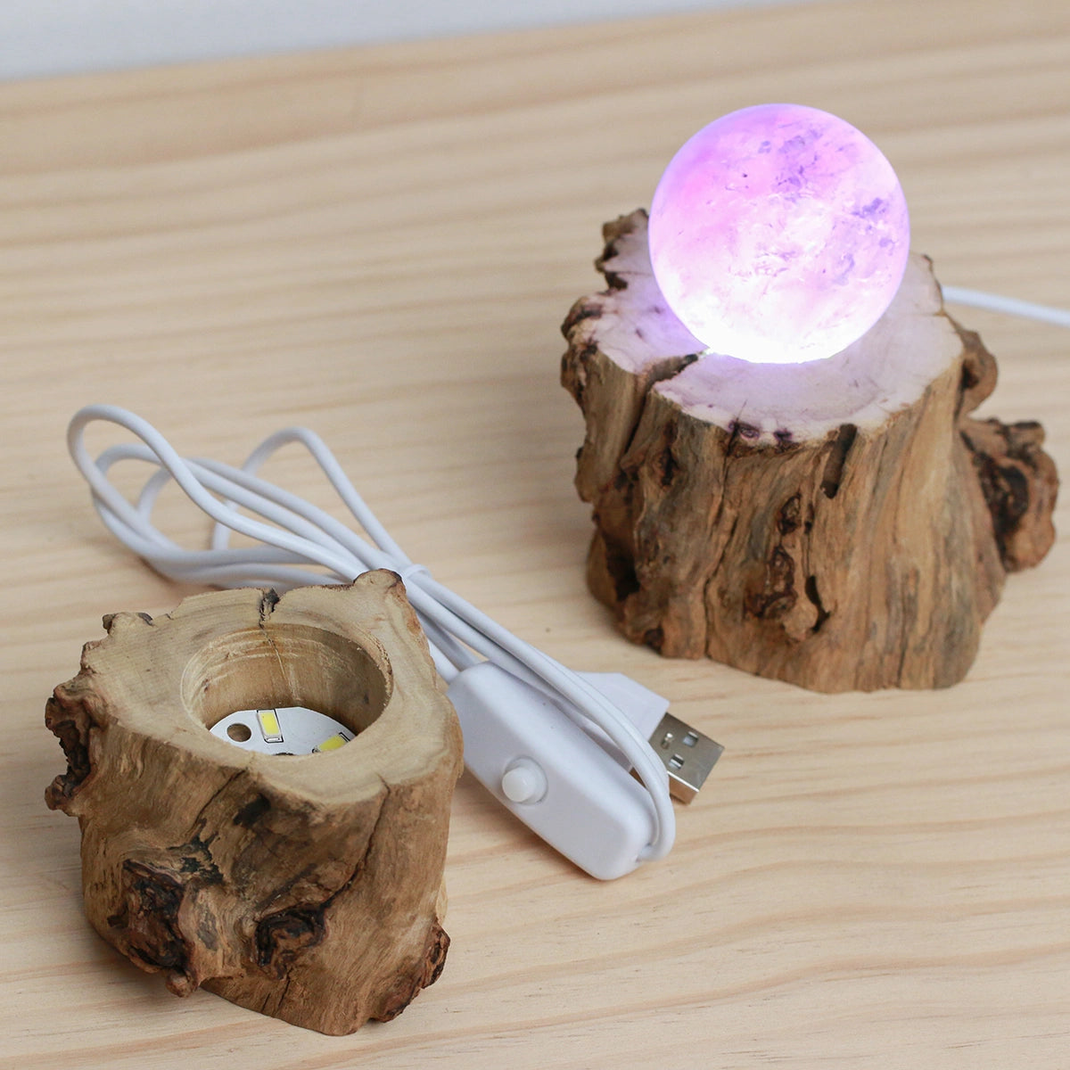 LED Crystal Ball Base, Natural Wood USB Holder