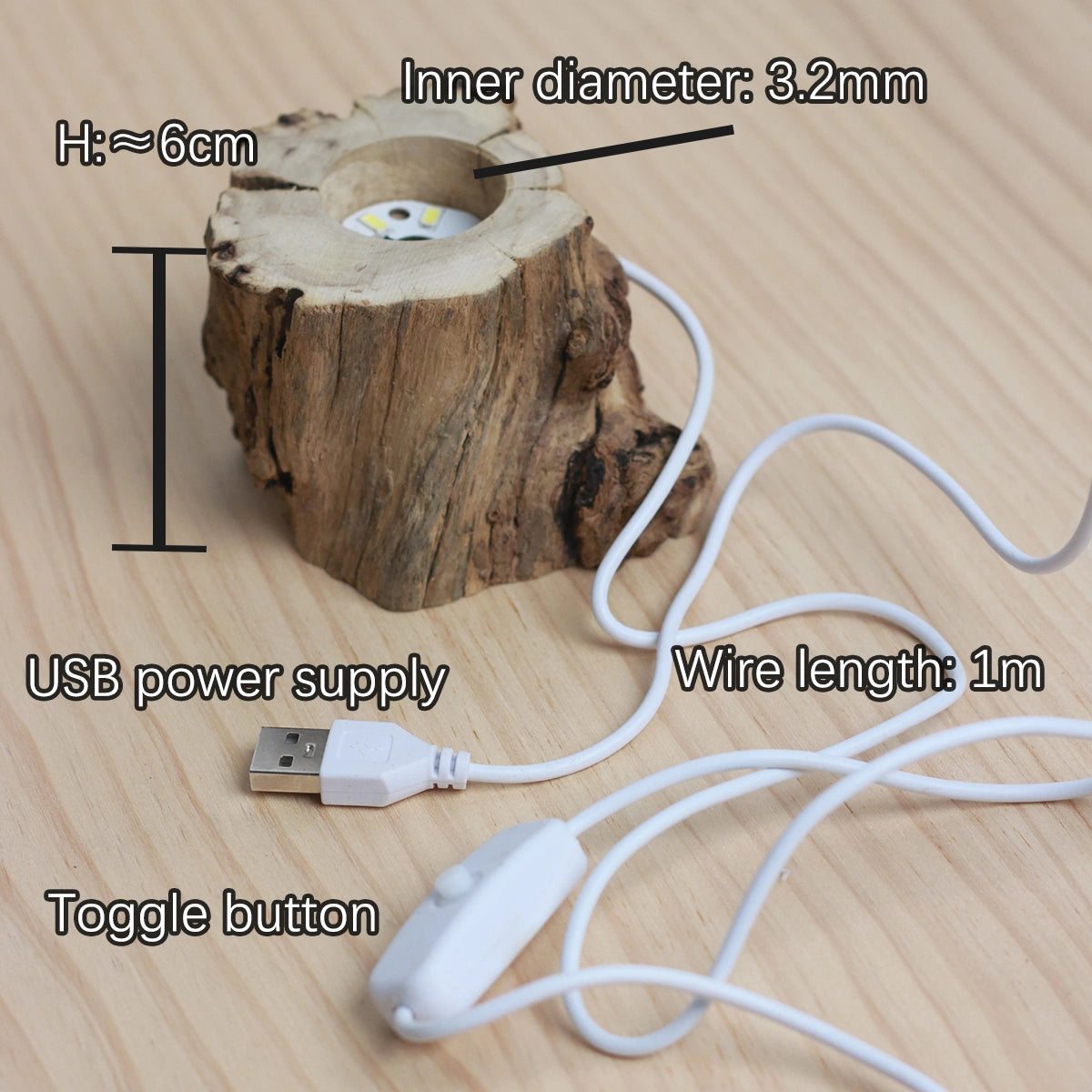 LED Crystal Ball Base, Natural Wood USB Holder
