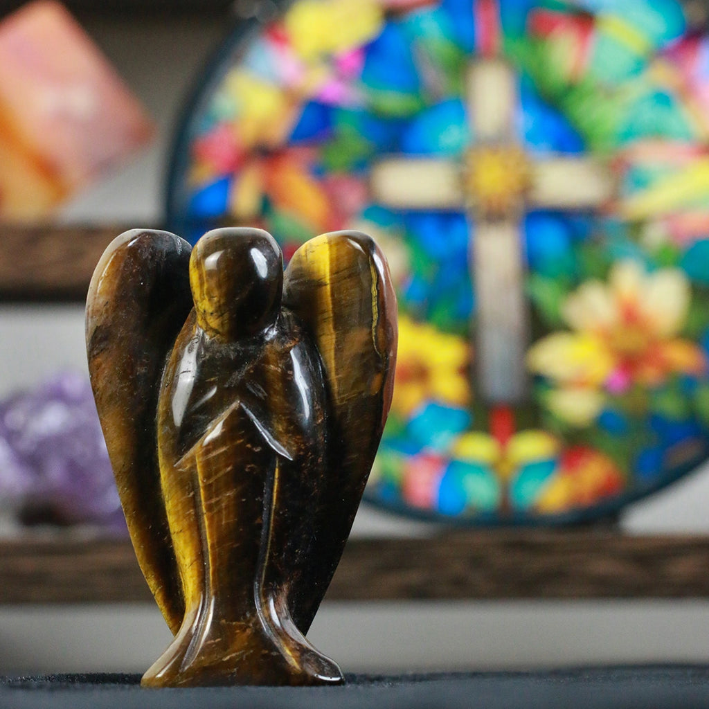 3in,Tiger Eye Stone Guardian Angel: Natural Stone,Decor Hand Carved ,chakra