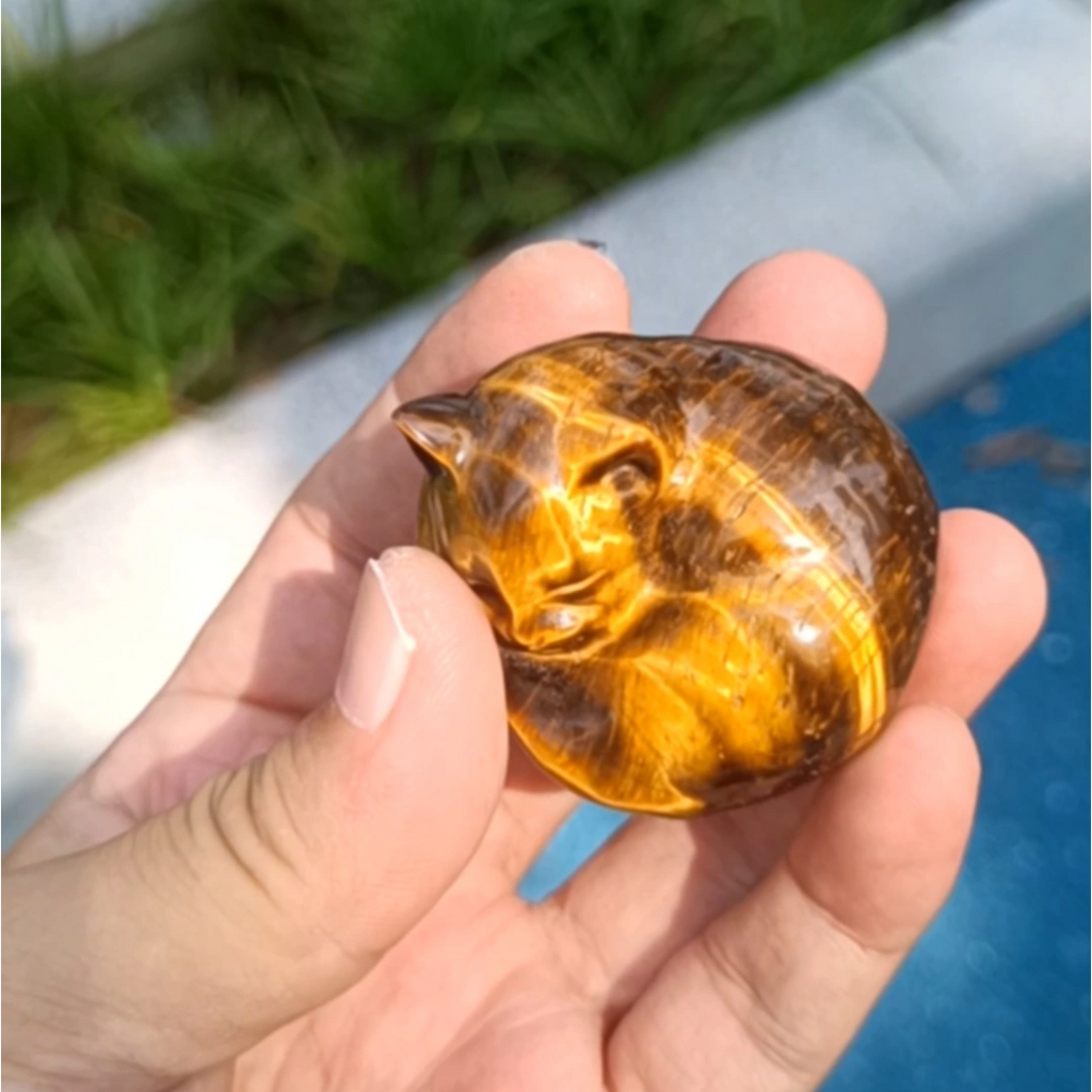 Sleeping Cat: Tiger‘s-Eye | Hand Carved Tiger Eye Stone  Natural Quartz Decor